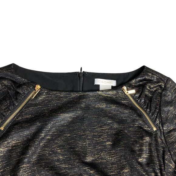 Cache Dress Womens S Black Metallic Gold Sheath Bodycon Lined Zipper Accent Chic - Picture 6 of 16